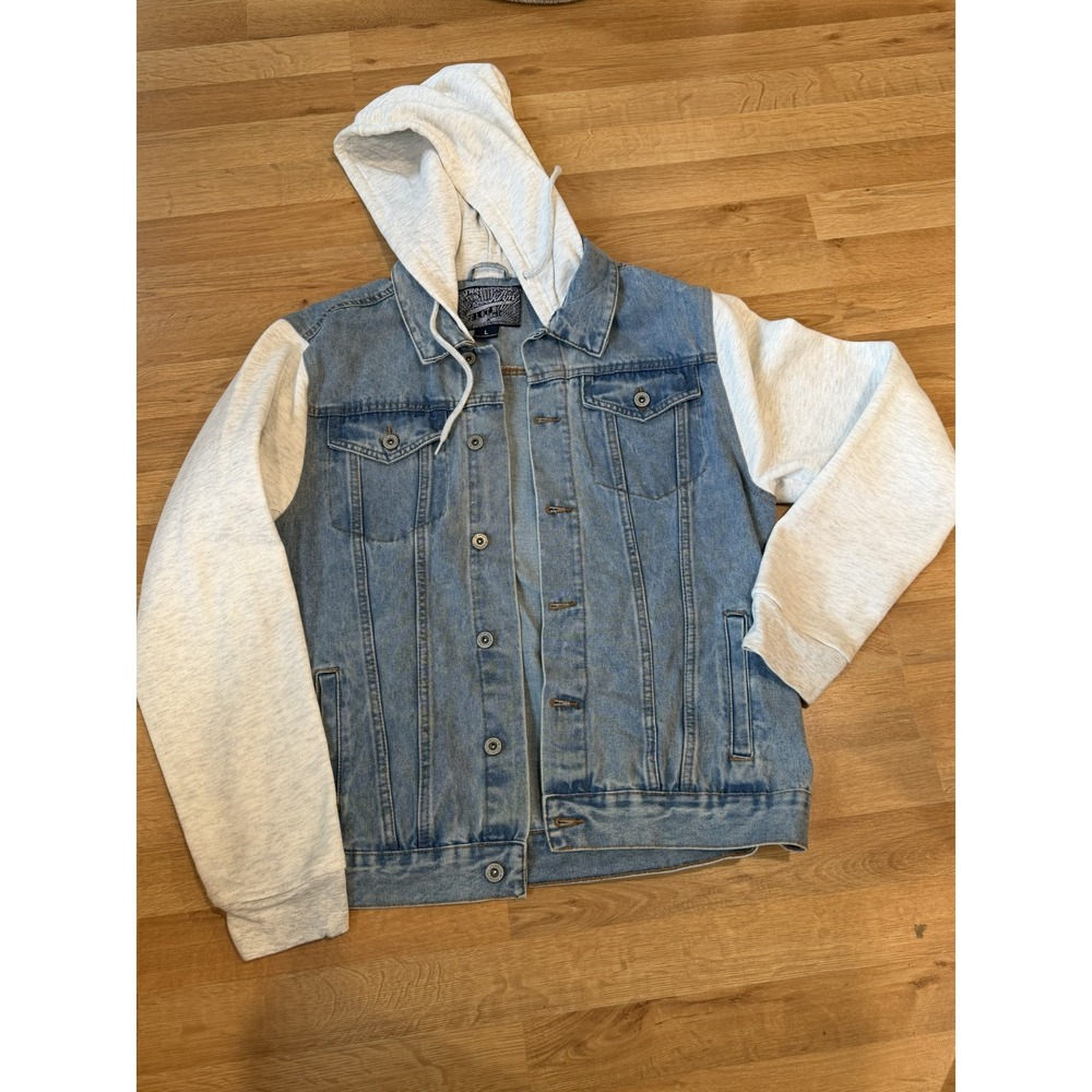 Brooklyn Cloth Mens Denim Jacket with Heather Grey Jersey Hood and Sleeves L